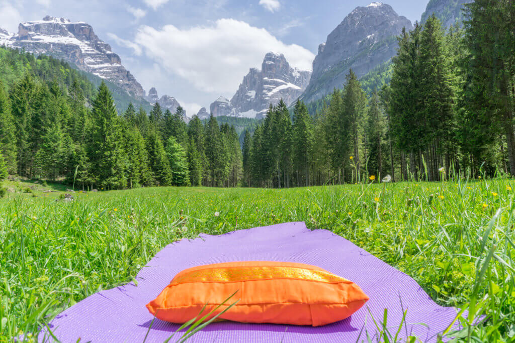Yoga mat at Malga Brenta Bassa - Dolomites in summer