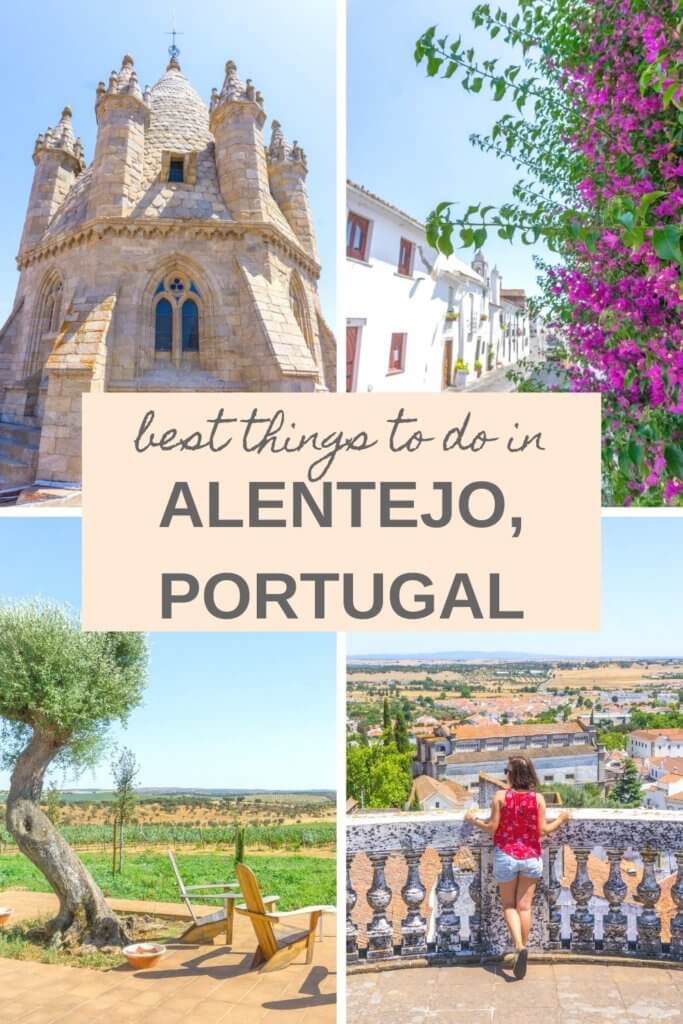 The best places in central Alentejo for your Portugal travel itinerary, including the rich architecture of Évora, the stunning landscape of the Alqueva Lake, the beautiful Monsaraz Castle, the lovely Amieira Beach, and the impressive Herdade do Esporão on the Alentejo wine route. #Alentejo #Portugal #travel 