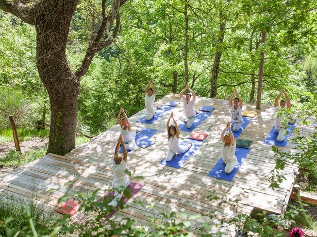 people practicing yoga amidst nature - yoga retreat in Italy